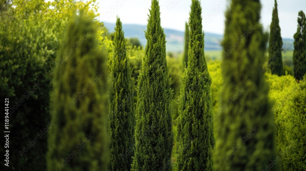 Poster a row of trees in a green field, with hills in the background