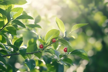 Fototapeta premium Sunlight on red berries, green leaves, nature background, for wellness, food