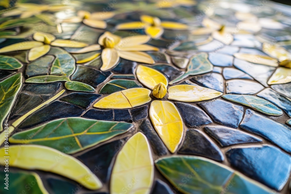 Poster a close-up view of a colorful mosaic table with yellow flowers on it