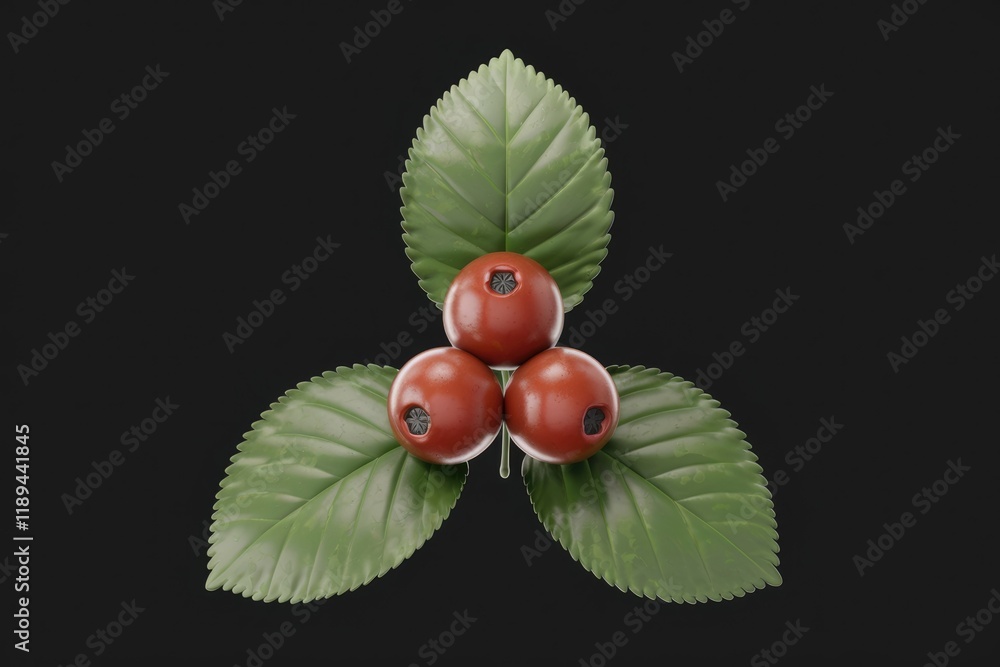 Aufkleber Three red berries clustered together on green leaves, forming a visually appealing triangular arrangement.