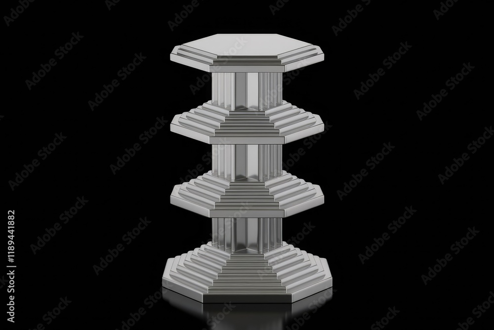 Aufkleber Three-tiered hexagonal display stand with stepped shelves, sleek modern design.