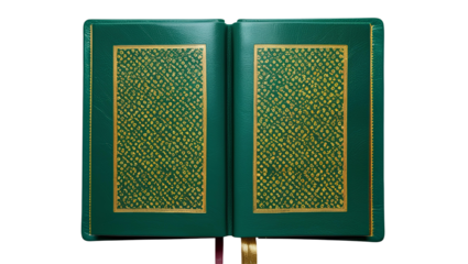 Photo of Green leather book cover with gold pattern isolated on transparent background