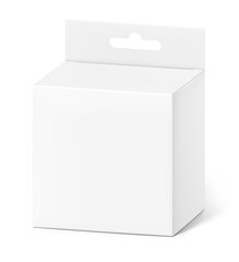 Hanging packaging box mockup for electronic and mobile accessories. Half side view. Vector illustration isolated on white background. Ready and simple to use for your design. EPS10.