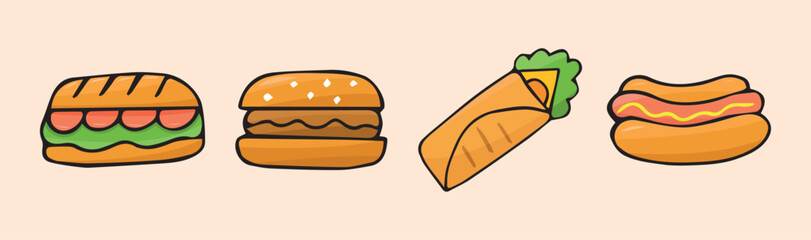 meal. doodle food with colored filling. fast food icons. fast street food. burger. pizza and hot dog. cutlets with a bun. vector. doodle. on a colored background. food products.