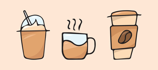 a cup of hot coffee in the morning. It's coffee time. a cup of hot drink and coffee beans. vector. the cafeteria icon. colored glasses with coffee to take away. an invigorating drink.
