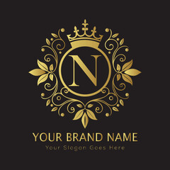 Letter Luxury brand logo design with a royal gold crown emblem and elegant typography
