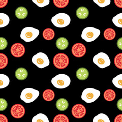 Balanced Breakfast seamless pattern with fried eggs, cucumber and tomato slices. Perfect print for paper, fabric, textile. Hand drawn illustration.