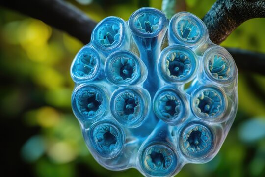 A close-up shot of a plastic container sitting on a tree branch