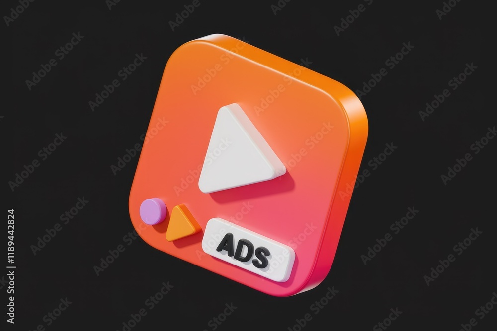 Poster A 3D rendered icon depicting a video ad play button with accompanying ads text.