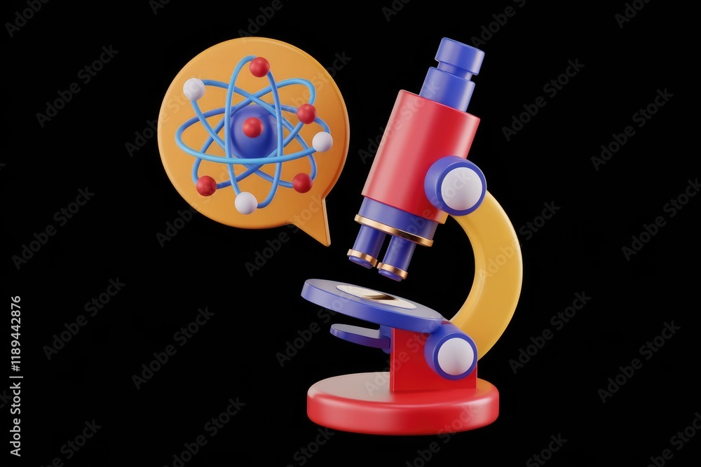 Aufkleber A colorful 3D rendering of a microscope and an atom, symbolizing scientific discovery and research.