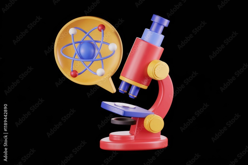 Poster a colorful 3d model of a microscope with an atom illustration, symbolizing scientific exploration an