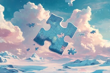 A large puzzle piece floats in a dreamy, pastel sky above a snowy landscape