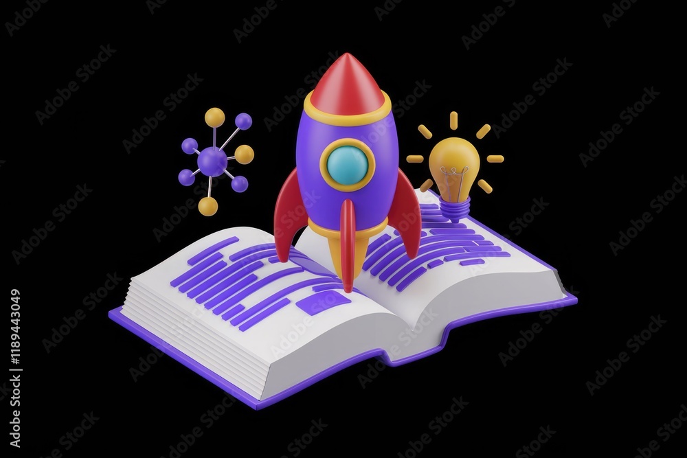 Poster A rocket launching from an open book, symbolizing knowledge and innovation.