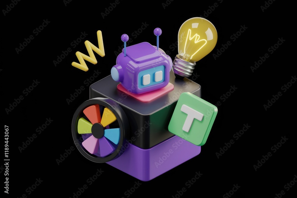Fototapete A 3D rendering of a cute robot on a colorful cube with a lightbulb, symbolizing AI-powered creativity and innovation.