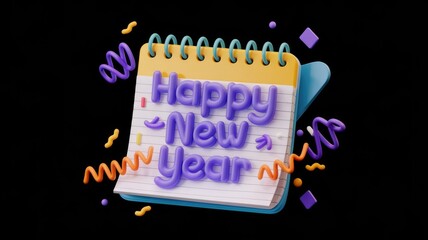 3D rendered notepad with 'Happy New Year' written in purple, surrounded by colorful confetti.