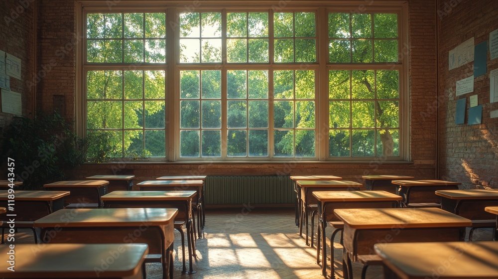 Poster sunlight streaming through large windows in a spacious classroom setup for learning in the afternoon