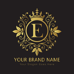 Letter Luxury brand logo design with a royal gold crown emblem and elegant typography
