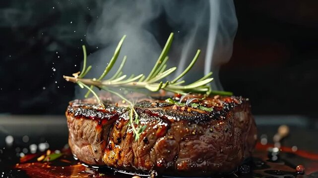 Hot Steamed Steak on a Black Plate on a Dark Background. Grilled Slice of Medium Rare Beef Steak with Smoke. Cooked Juicy Meat Fillet with Pepper and Rosemary. Close-Up, Front View. Menu, Recipe. Meal