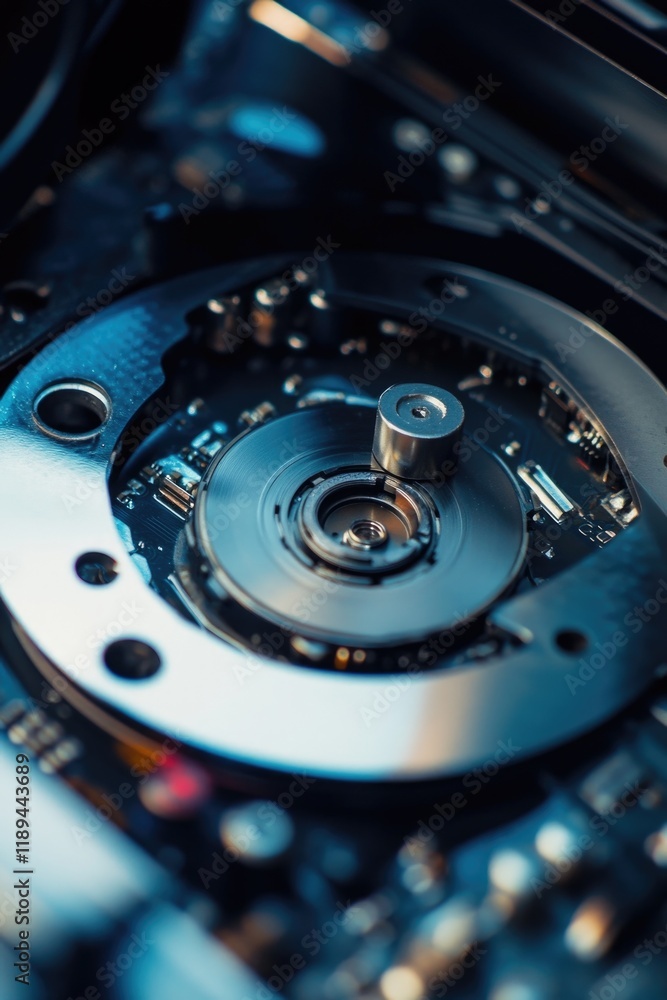 Aufkleber close-up shot of a metal disk on a computer, useful for tech-related projects and illustrations