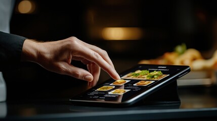 Person uses tablet for digital menu ordering. Hand touches screen showing restaurant food. Modern tech used for eatery. Easy interaction. Sleek design. Efficient ordering. Modern dining experience.
