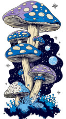 Colorful fantasy mushrooms with vibrant blue and purple tones set against a starry cosmic background shrooms art 