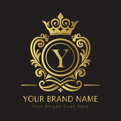 Letter Luxury brand logo design with a royal gold crown emblem and elegant typography
