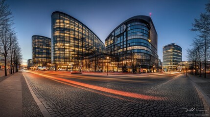 Cityscape twilight, modern buildings, street traffic, urban scene, business district