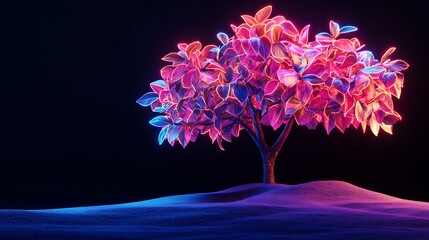 Neon Nature: 3D Rendered Glowing Tree with Vibrant Neon Leaves on a Black Background