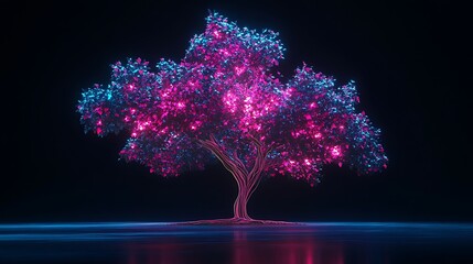 Neon Nature: 3D Rendered Glowing Tree with Vibrant Neon Leaves on a Black Background