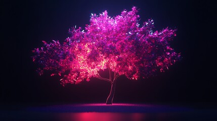 Neon Nature: 3D Rendered Glowing Tree with Vibrant Neon Leaves on a Black Background
