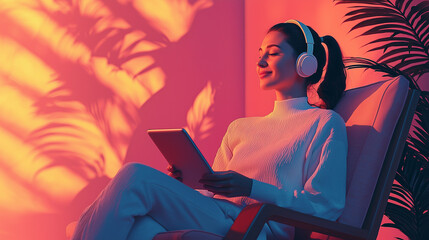 Young woman enjoys music with headphones while relaxing in a vividly lit room during evening hours