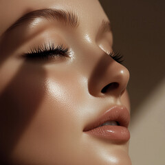 Close-up view of a woman with radiant skin and detailed makeup creating a serene atmosphere in soft lighting