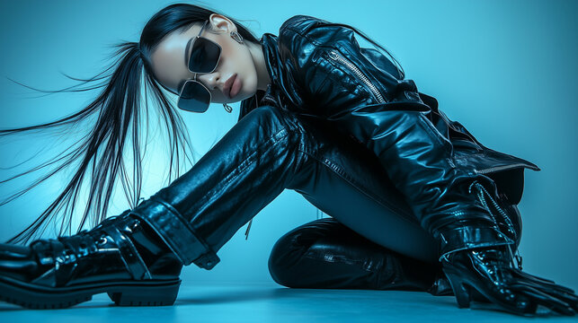 Stylish individual posing in a dramatic fashion setting with striking lighting effects