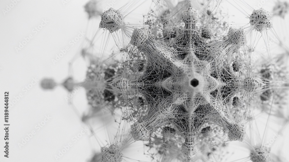 Poster Abstract grayscale 3D rendering of a complex, interconnected structure resembling a molecule or network.