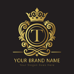 Letter Luxury brand logo design with a royal gold crown emblem and elegant typography
