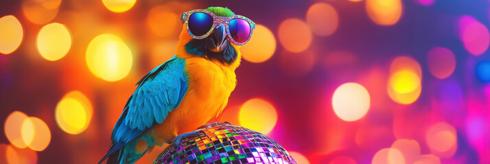 Ein bunter Papagei mit Sonnenbrille steht auf einem Mini Disco Ball in einer lustigen Tanzpose. Der Hintergrund ist von lebendigen, retro inspirierten Disco Lichtern umgeben. Party Einladung