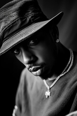 Moody portrait of a man wearing a stylish hat and jewelry, showcasing intense expression and confident style