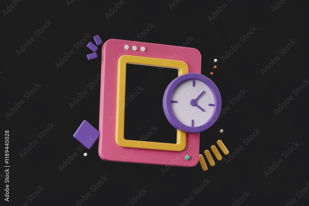 Poster A colorful 3D illustration of a digital frame with a clock, representing time management or scheduling.