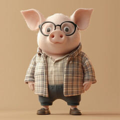 Cute cartoon pig wearing glasses and a plaid jacket stands confidently against a neutral background