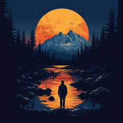 Majestic sunset over a tranquil river with a solitary figure standing by the water