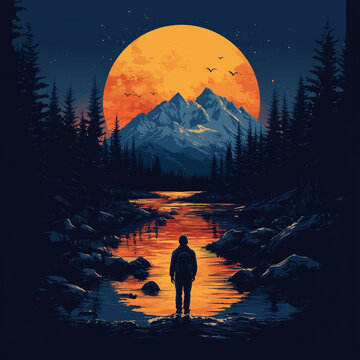 Majestic sunset over a tranquil river with a solitary figure standing by the water