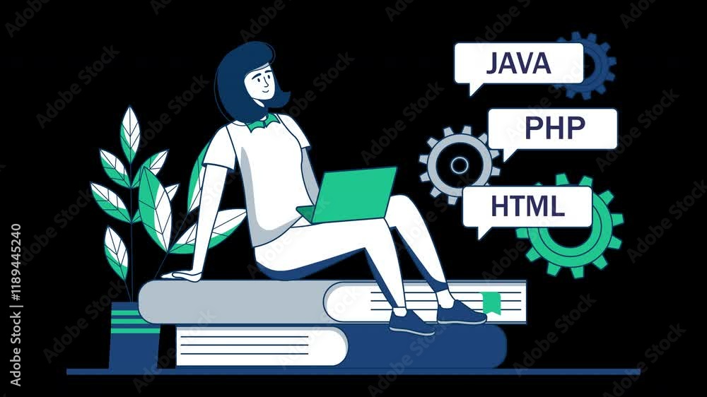 Poster a female character in a flat design style sitting on books, showcasing programming languages java, p