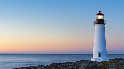 Naklejka premium Tall Lighthouse on Rocky Shore at Dusk