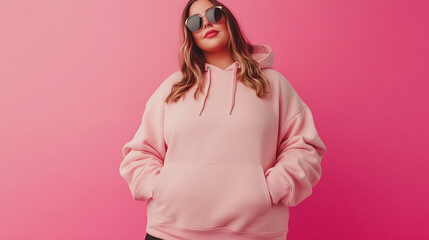 Model poses confidently in a pink hoodie against a vibrant pink background