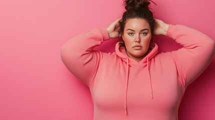 Model poses confidently in a vibrant pink hoodie against a matching backdrop showcasing body positivity and fashion