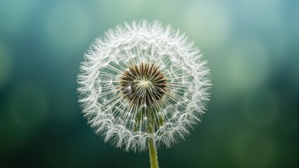 Obraz premium Fluffy dandelion seeds in perfect spherical shape glowing softly against green and blue background