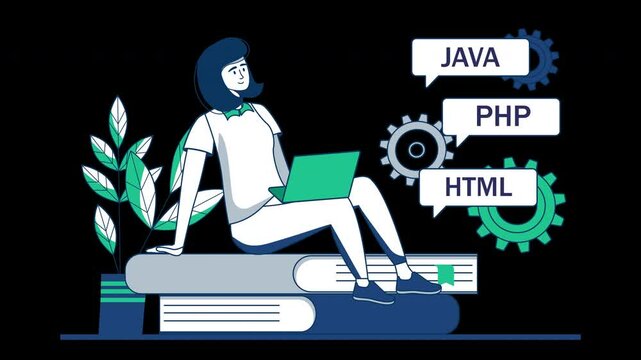 A female character in a flat design style sitting on books, showcasing programming languages Java, PHP, and HTML.