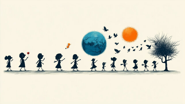 Children walking in a line towards a bright sun and moon under a sky filled with birds in a whimsical landscape