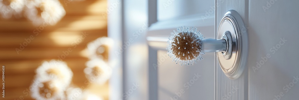 Poster Close up view of microbes found on common surfaces like door handles and smartphones in everyday settings. Generative AI