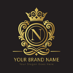 Letter Luxury brand logo design with a royal gold crown emblem and elegant typography
